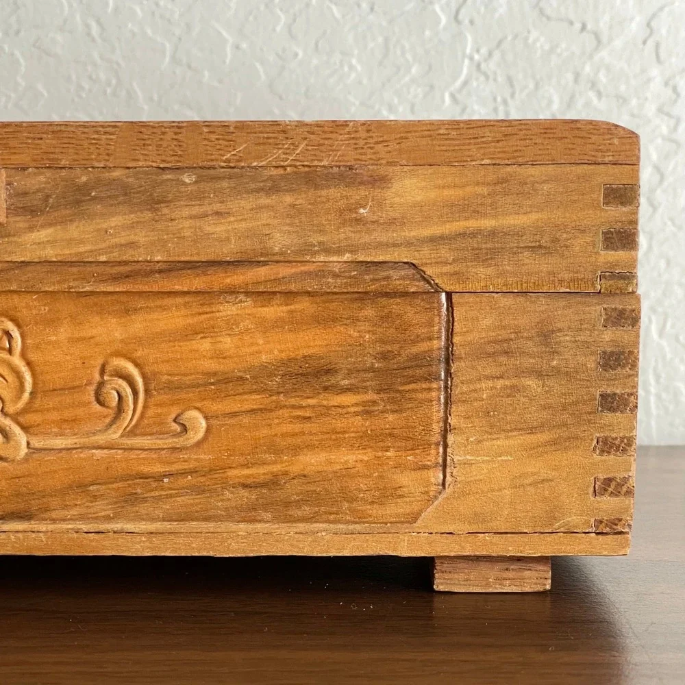 Vintage Hand Carved Engraved Wooden‎ Box Gold Lining Jewelry Trinket Mirror 11x6